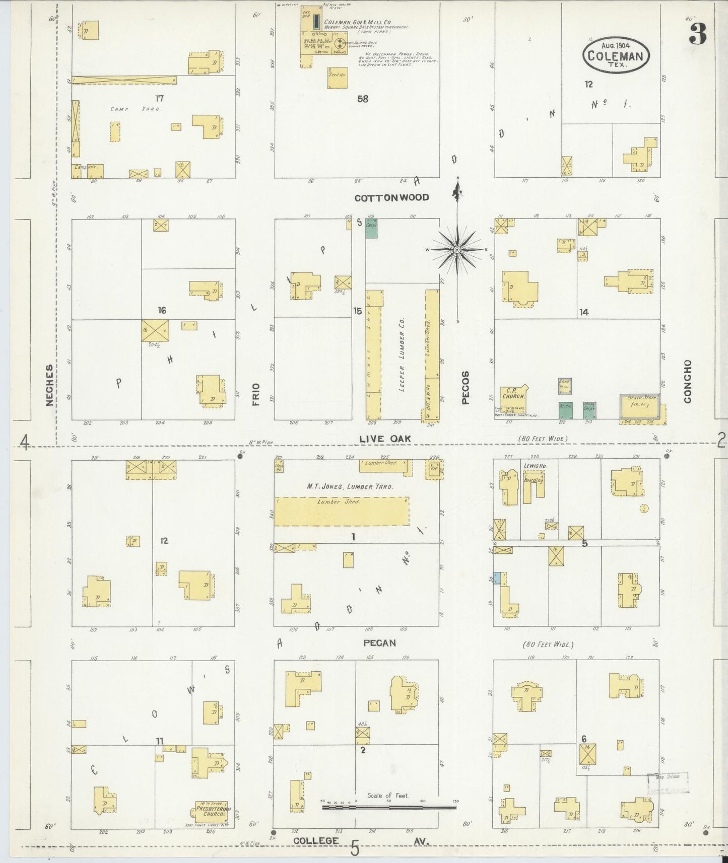 Sanborn Fire Insurance Map from Coleman, Coleman County, Texas (1904), Sheet #0003 - Complete Map Set gallery image, historic Sanborn map, vintage wall art, Texas Texas