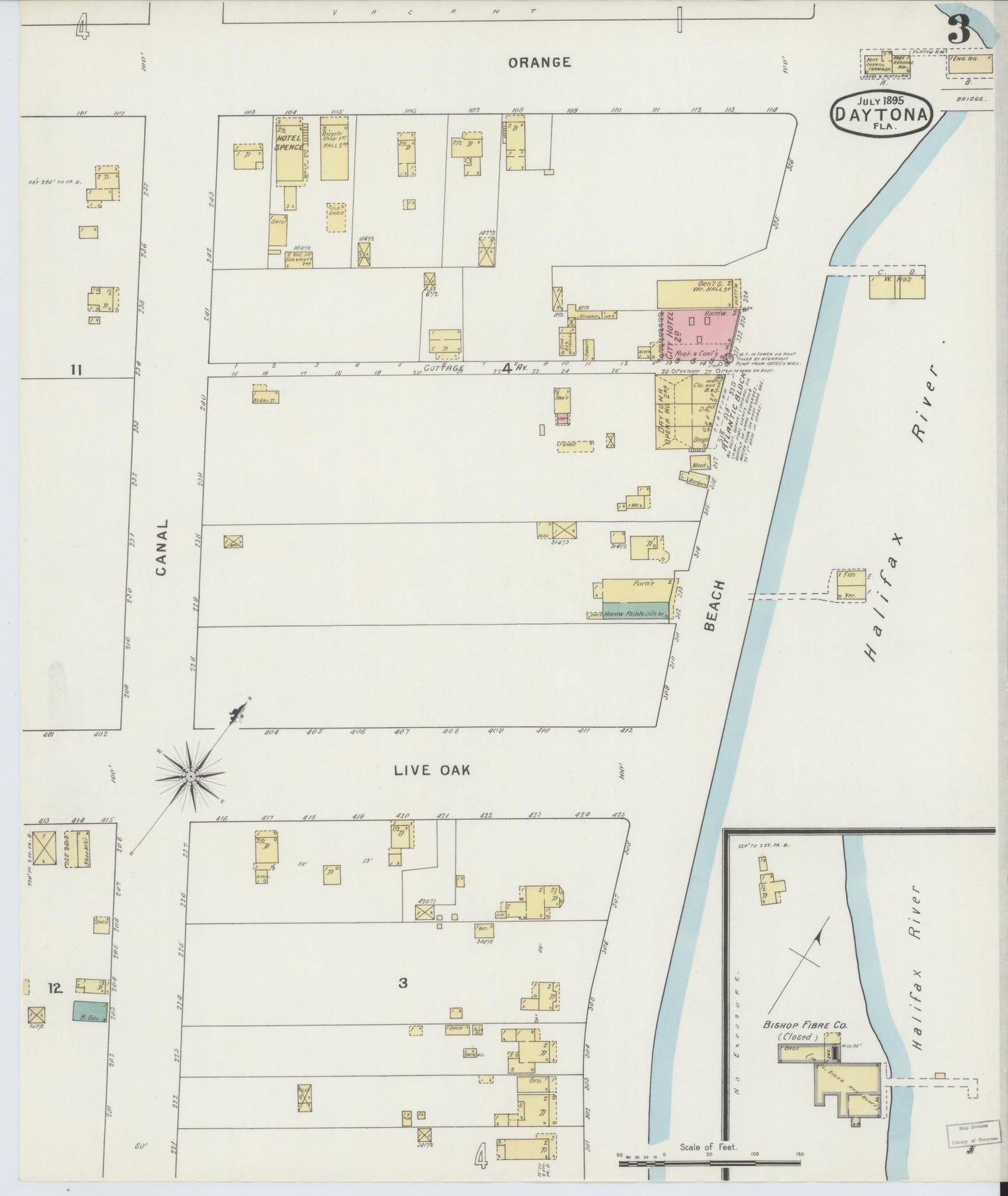 Sanborn Fire Insurance Map from Daytona, Volusia County, Florida (1895), Sheet #0003 - Complete Map Set gallery image, historic Sanborn map, vintage wall art, Florida Florida