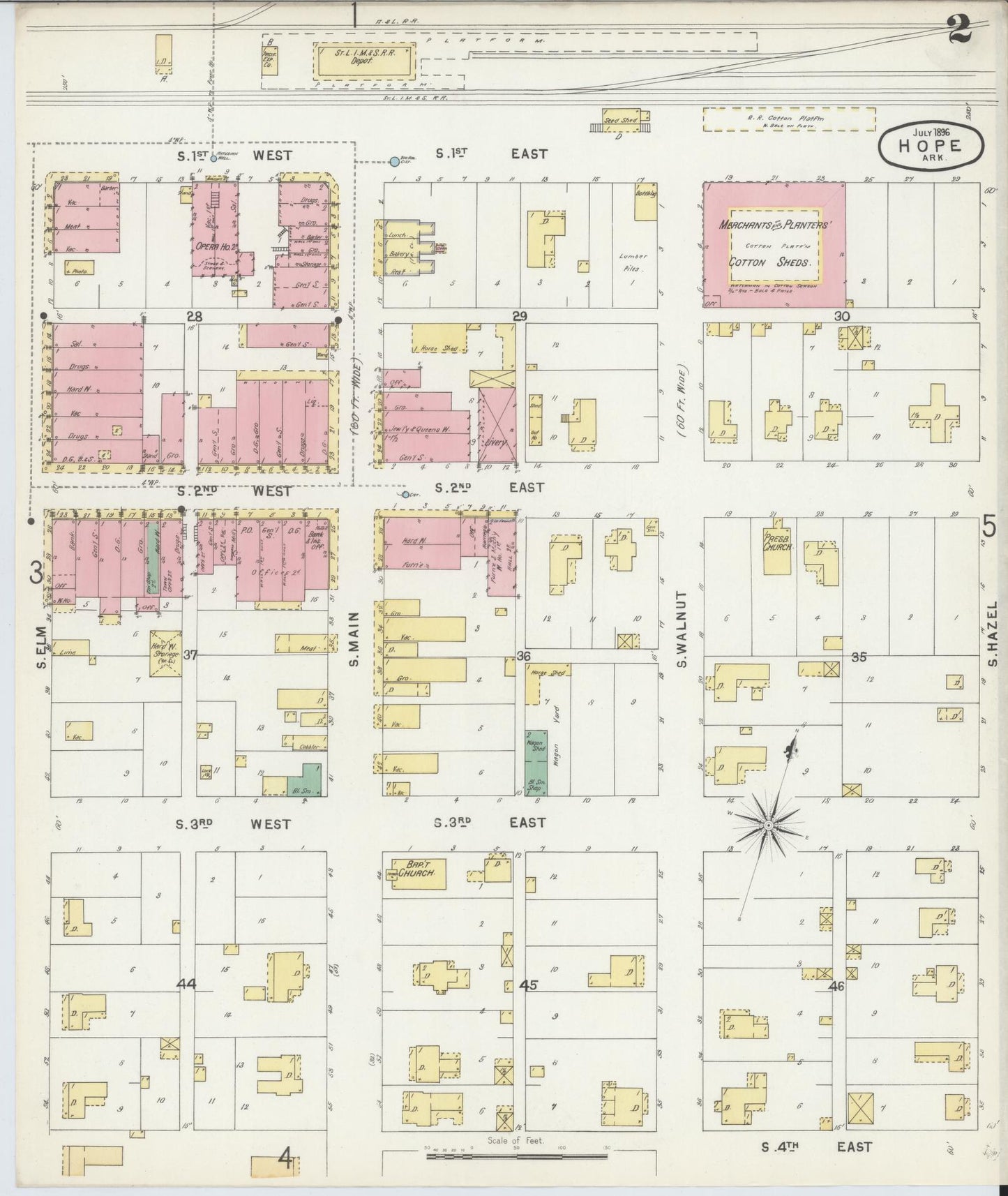 Sanborn Fire Insurance Map from Hope, Hempstead County, Arkansas (1896), Sheet #0002 - Complete Map Set gallery image, historic Sanborn map, vintage wall art, Arkansas Arkansas
