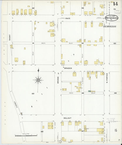 Sanborn Fire Insurance Map from Waynesburg, Greene County, Pennsylvania (1908), Sheet #0014 - Historic Sanborn Fire Insurance Map Print, vintage old map wall art, antique decor, genealogy gift, Pennsylvania Pennsylvania map