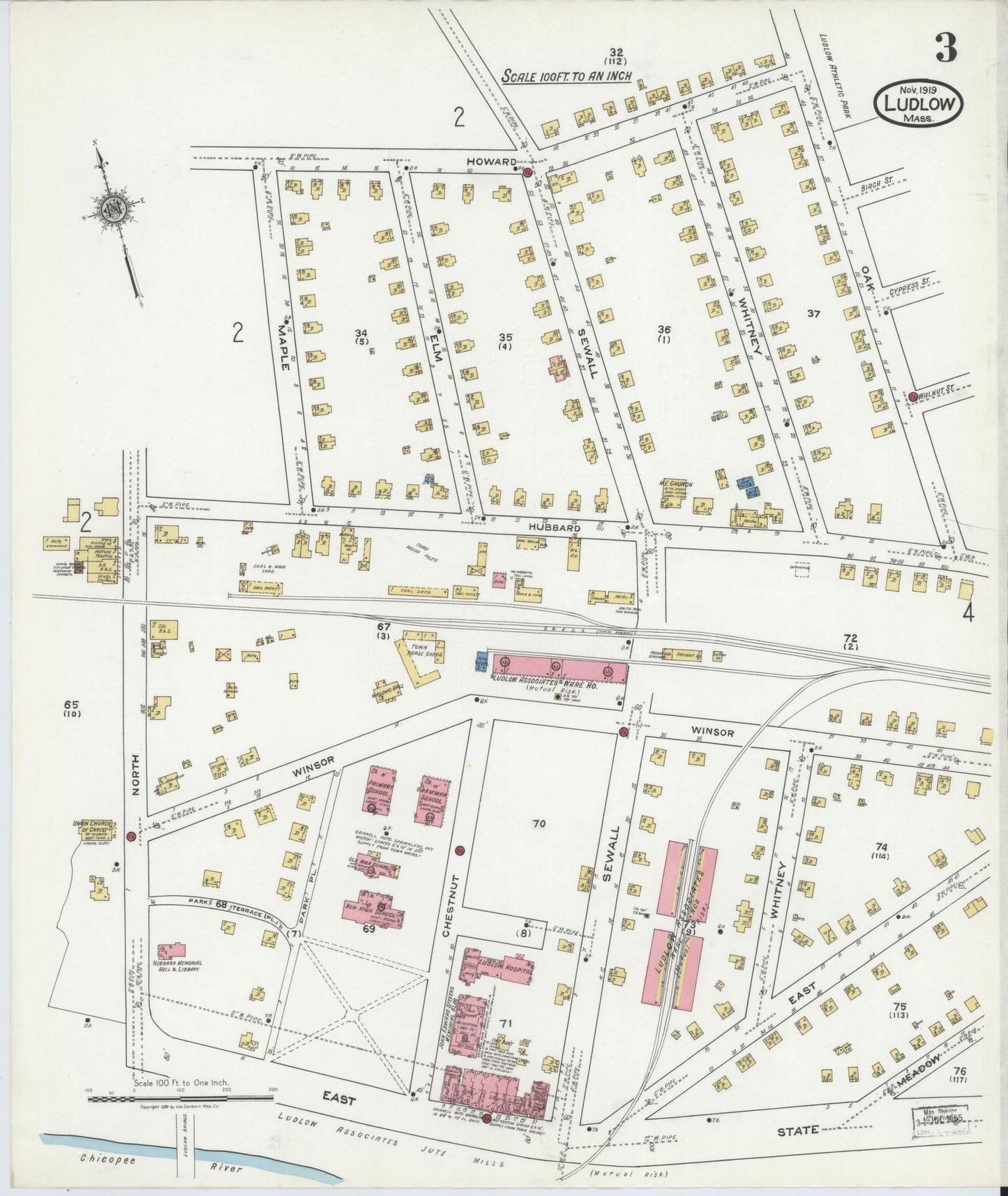 Sanborn Fire Insurance Map from Ludlow, Hampden County, Massachusetts (1919), Sheet #0003 - Complete Map Set gallery image, historic Sanborn map, vintage wall art, Massachusetts Massachusetts