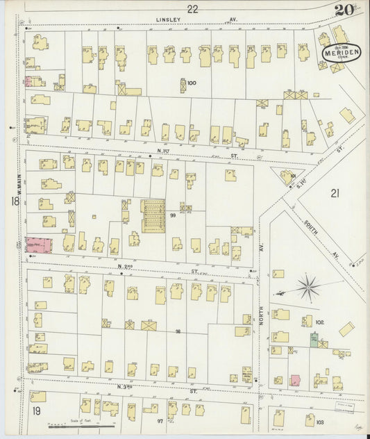 Sanborn Fire Insurance Map from Meriden, New Haven County, Connecticut (1896), Sheet #0020 - Historic Sanborn Fire Insurance Map Print, vintage old map wall art, antique decor, genealogy gift, Connecticut Connecticut map