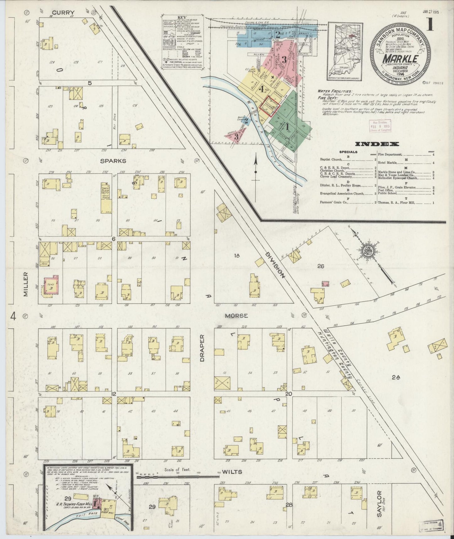 Sanborn Fire Insurance Map from Markle, Huntington County, Indiana (1914), Sheet #0001 - Complete Map Set gallery image, historic Sanborn map, vintage wall art, Indiana Indiana