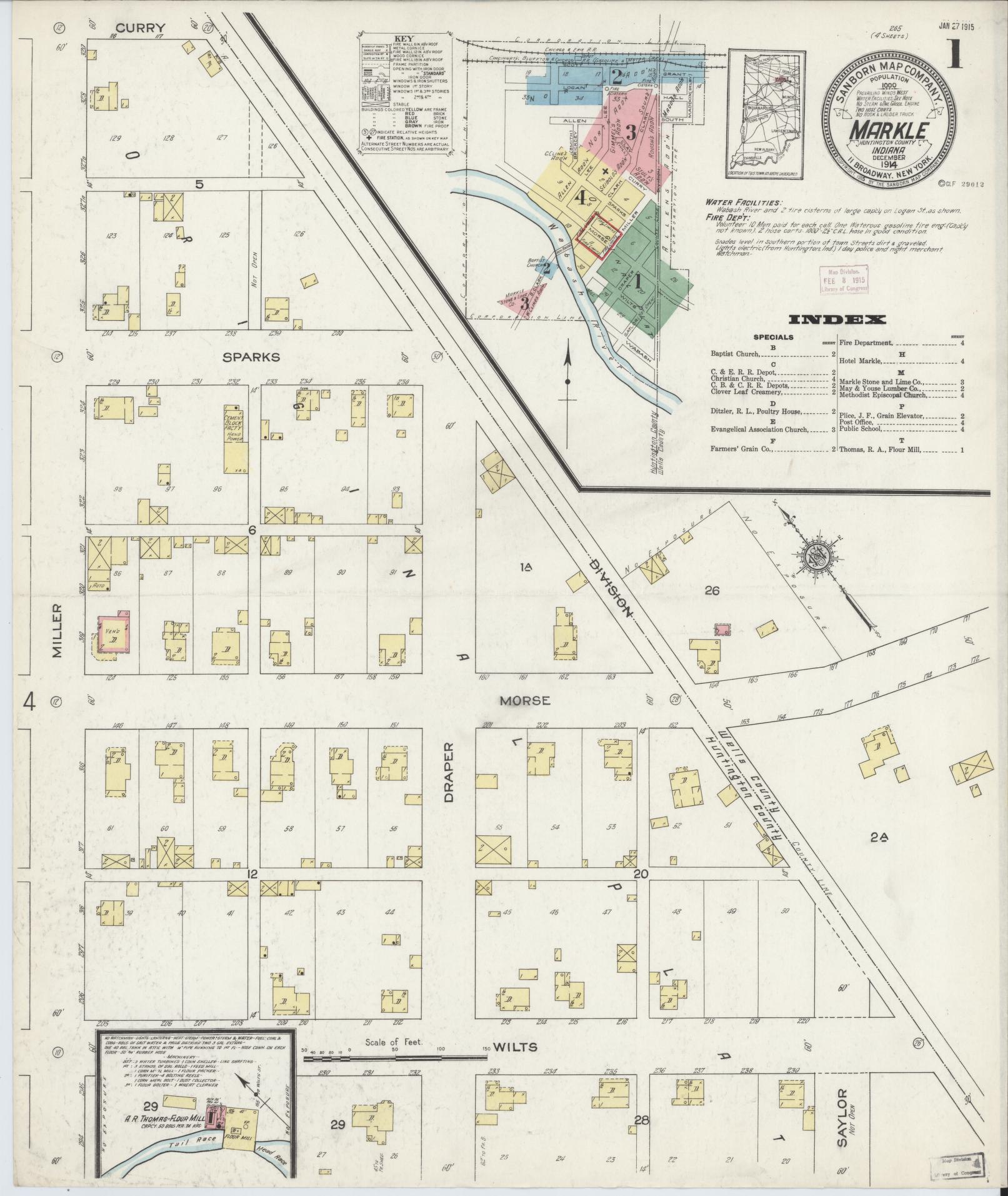 Sanborn Fire Insurance Map from Markle, Huntington County, Indiana (1914), Sheet #0001 - Complete Map Set gallery image, historic Sanborn map, vintage wall art, Indiana Indiana