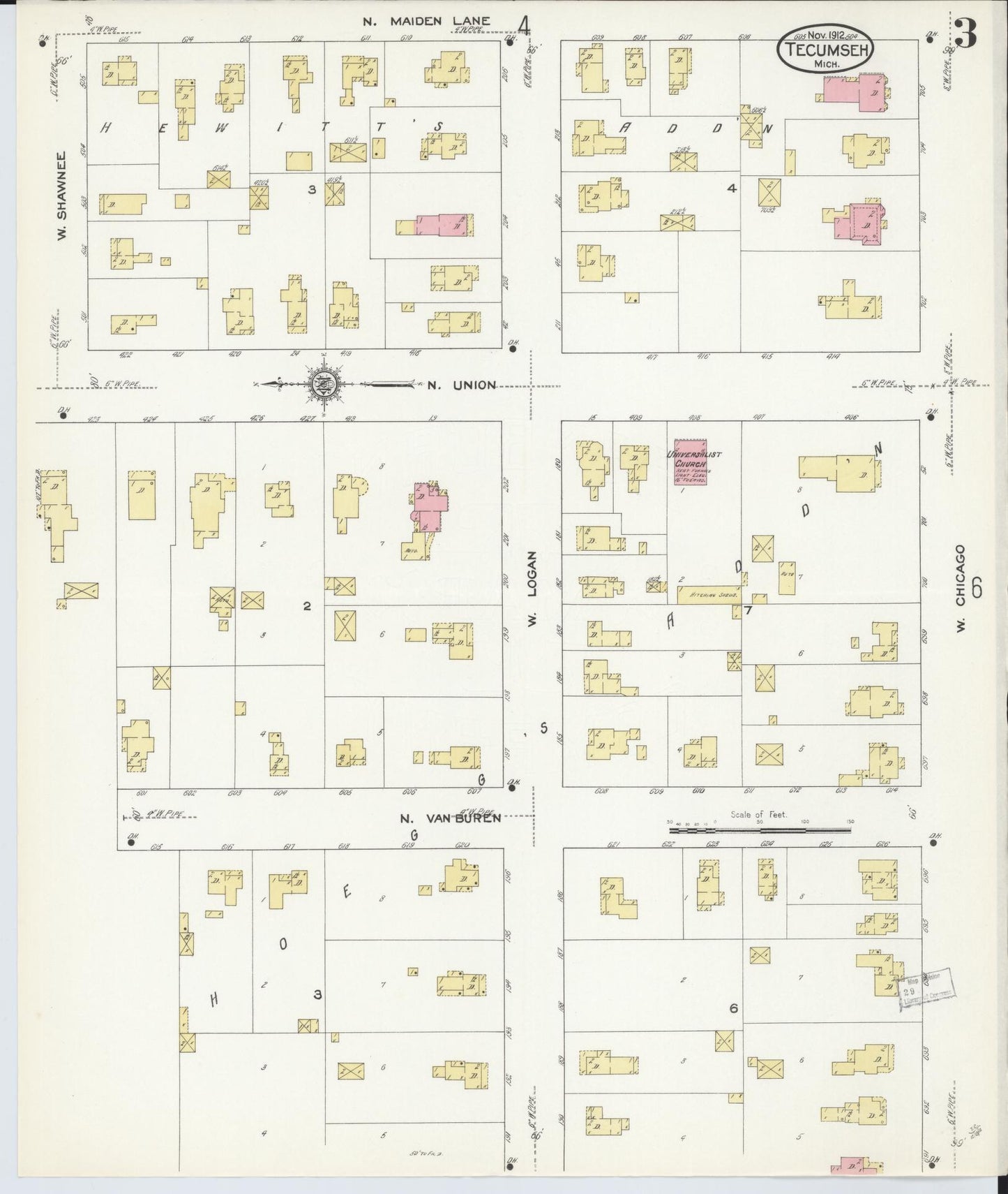 Sanborn Fire Insurance Map from Tecumseh, Lenawee County, Michigan (1912), Sheet #0003 - Complete Map Set gallery image, historic Sanborn map, vintage wall art, Michigan Michigan