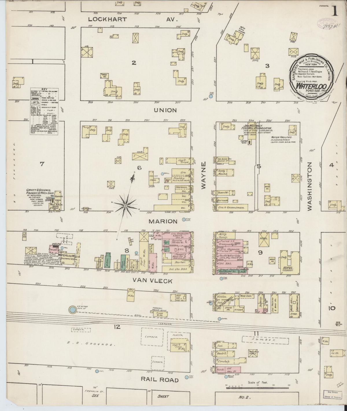 Sanborn Fire Insurance Map from Waterloo, De Kalb County, Indiana (1886), Sheet #0001 - Historic Sanborn Fire Insurance Map Print, vintage old map wall art, antique decor, genealogy gift, Indiana Indiana map