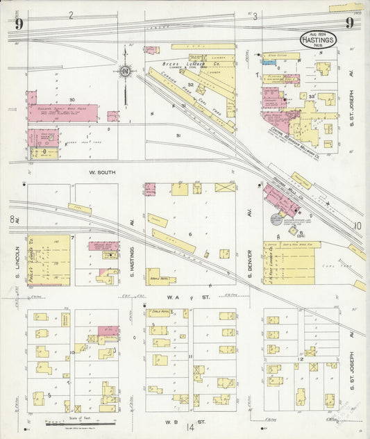 Sanborn Fire Insurance Map from Hastings, Adams County, Nebraska (1924), Sheet #0009 - Historic Sanborn Fire Insurance Map Print, vintage old map wall art, antique decor, genealogy gift, Nebraska Nebraska map