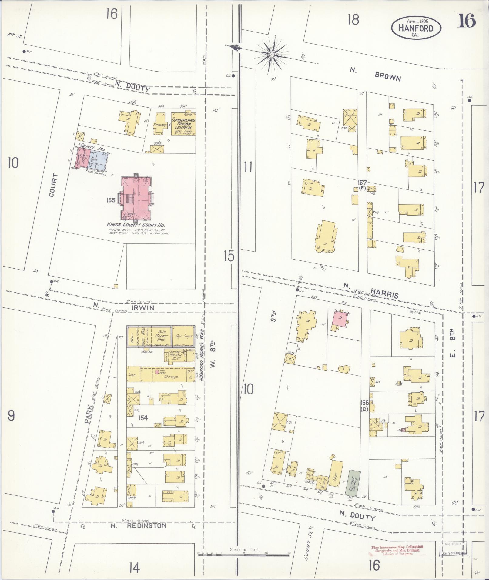 Sanborn Fire Insurance Map from Hanford, Kings County, California (1905), Sheet #0016 - Historic Sanborn Fire Insurance Map Print, vintage old map wall art, antique decor, genealogy gift, California California map