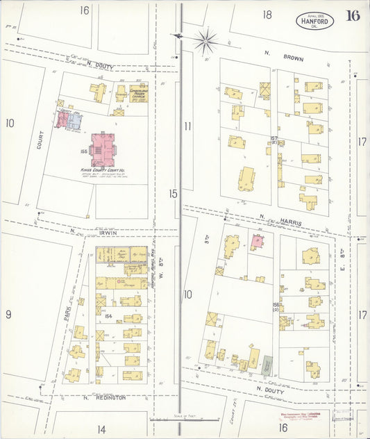 Sanborn Fire Insurance Map from Hanford, Kings County, California (1905), Sheet #0016 - Historic Sanborn Fire Insurance Map Print, vintage old map wall art, antique decor, genealogy gift, California California map