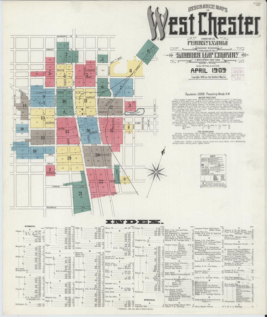 Sanborn Fire Insurance Map from West Chester, Chester County, Pennsylvania (1909), Sheet #0001 - Historic Sanborn Fire Insurance Map Print, vintage old map wall art, antique decor, genealogy gift, Pennsylvania Pennsylvania map