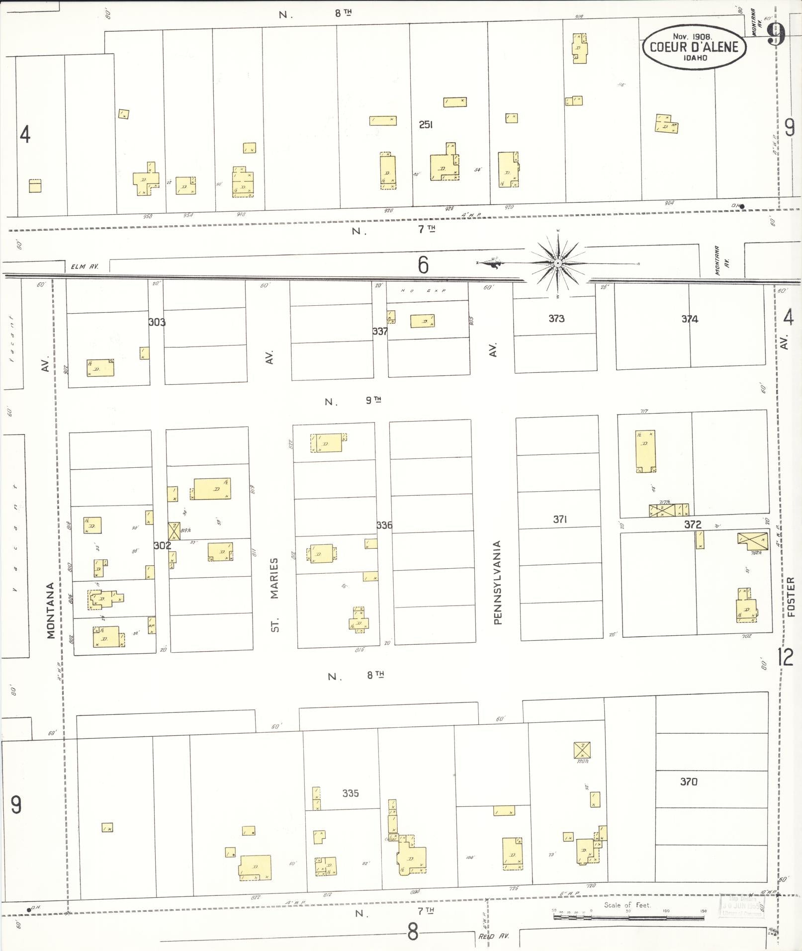 Sanborn Fire Insurance Map from Coeur D'alene, Kootenai County, Idaho (1908), Sheet #0009 - Complete Map Set gallery image, historic Sanborn map, vintage wall art, Idaho Idaho