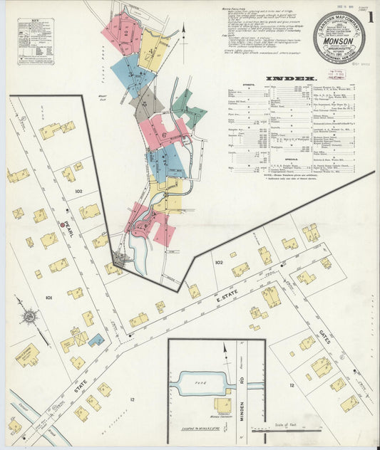 Sanborn Fire Insurance Map from Monson, Hampden County, Massachusetts (1911), Sheet #0001 - Historic Sanborn Fire Insurance Map Print, vintage old map wall art, antique decor, genealogy gift, Massachusetts Massachusetts map