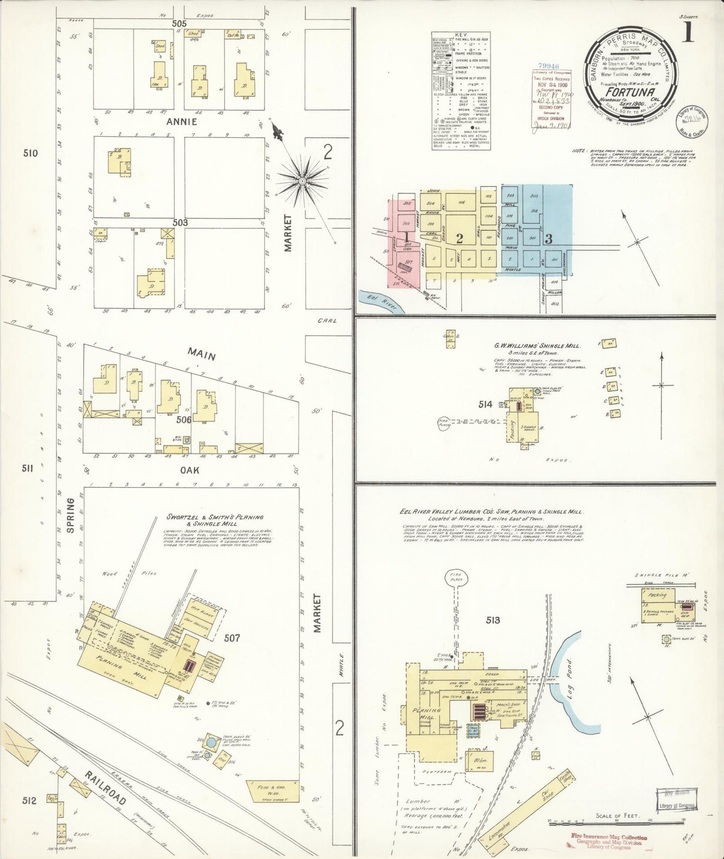 Sanborn Fire Insurance Map from Fortuna, Humboldt County, California (1900), Sheet #0001 - Historic Sanborn Fire Insurance Map Print, vintage old map wall art, antique decor, genealogy gift, California California map