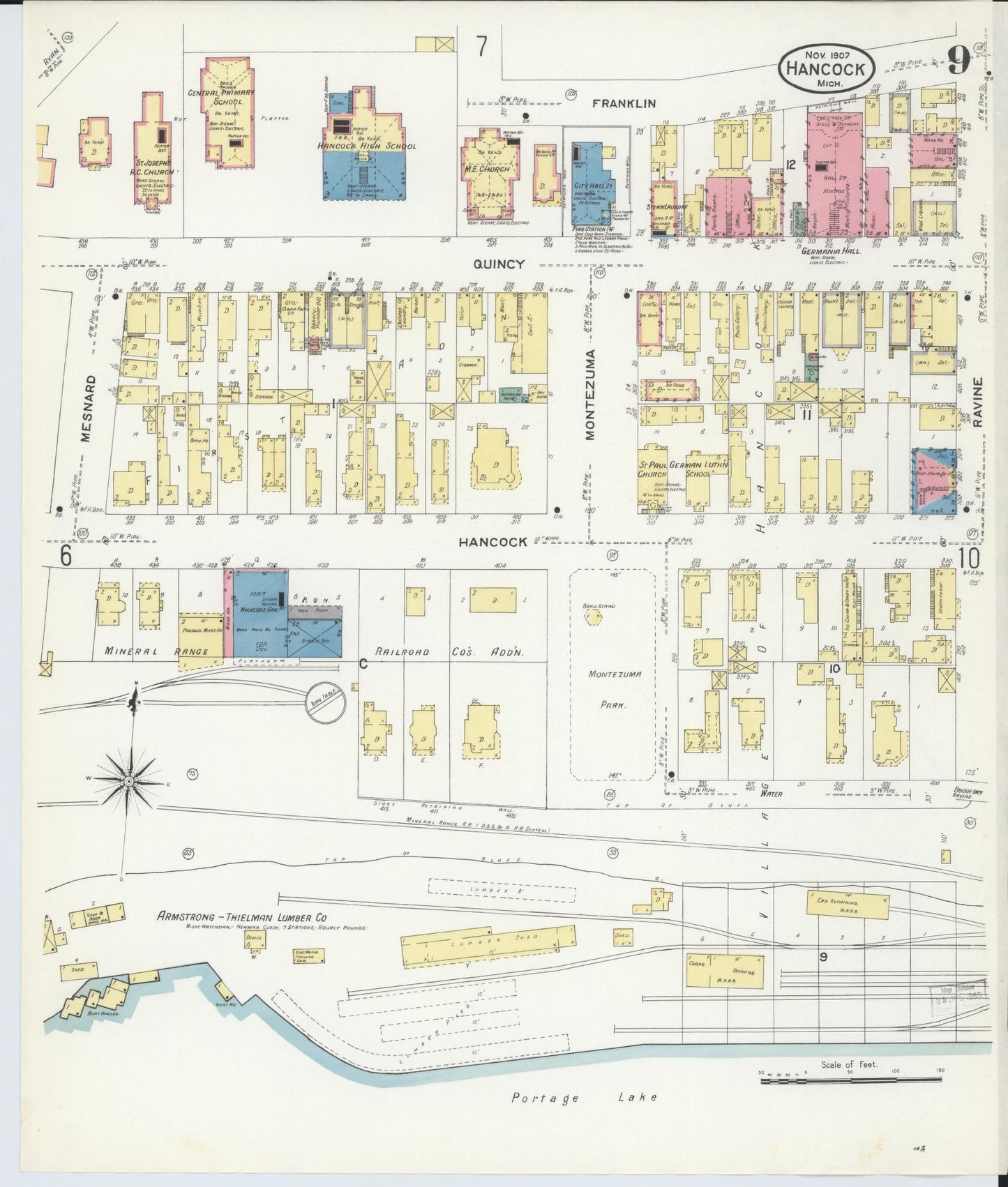Sanborn Fire Insurance Map from Hancock, Houghton County, Michigan (1907), Sheet #0009 - Historic Sanborn Fire Insurance Map Print, vintage old map wall art, antique decor, genealogy gift, Michigan Michigan map