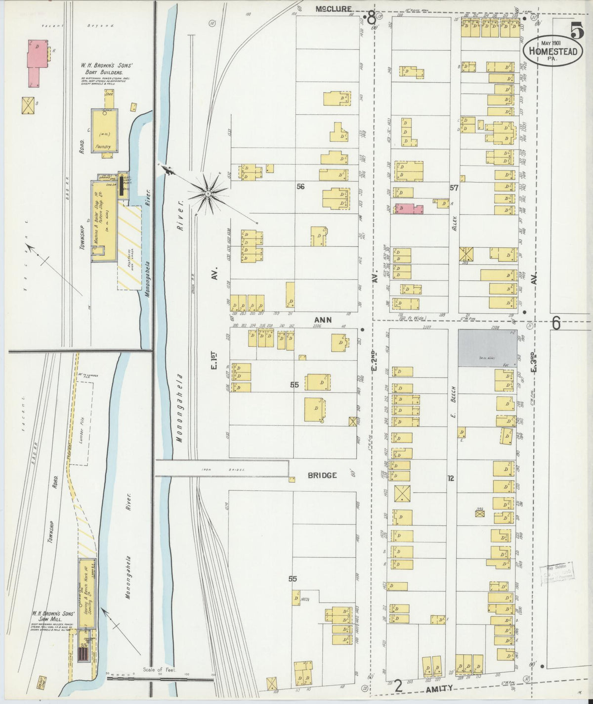 Sanborn Fire Insurance Map from Homestead, Allegheny County, Pennsylvania (1901), Sheet #0005 - Historic Sanborn Fire Insurance Map Print, vintage old map wall art, antique decor, genealogy gift, Pennsylvania Pennsylvania map