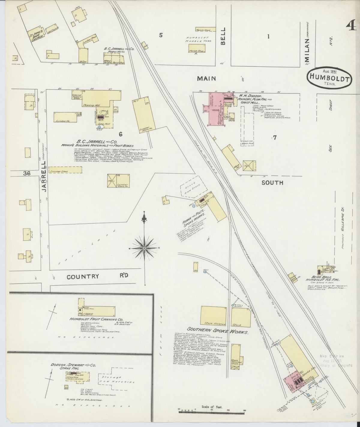 Sanborn Fire Insurance Map from Humboldt, Gibson County, Tennessee (1891), Sheet #0004 - Historic Sanborn Fire Insurance Map Print, vintage old map wall art, antique decor, genealogy gift, Tennessee Tennessee map
