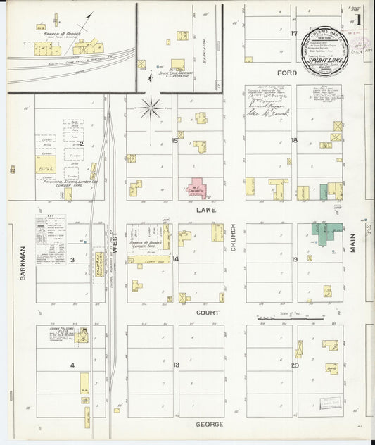Sanborn Fire Insurance Map from Spirit Lake, Dickinson County, Iowa (1893), Sheet #0001 - Historic Sanborn Fire Insurance Map Print, vintage old map wall art