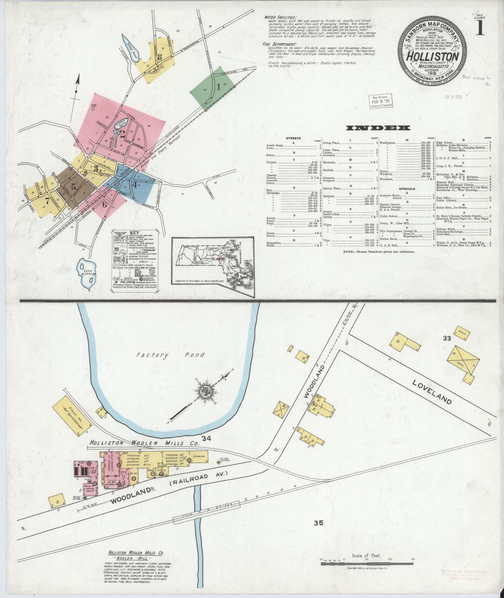 Sanborn Fire Insurance Map from Holliston, Middlesex County, Massachusetts (1919), Sheet #0001 - Complete Map Set gallery image, historic Sanborn map, vintage wall art, Massachusetts Massachusetts