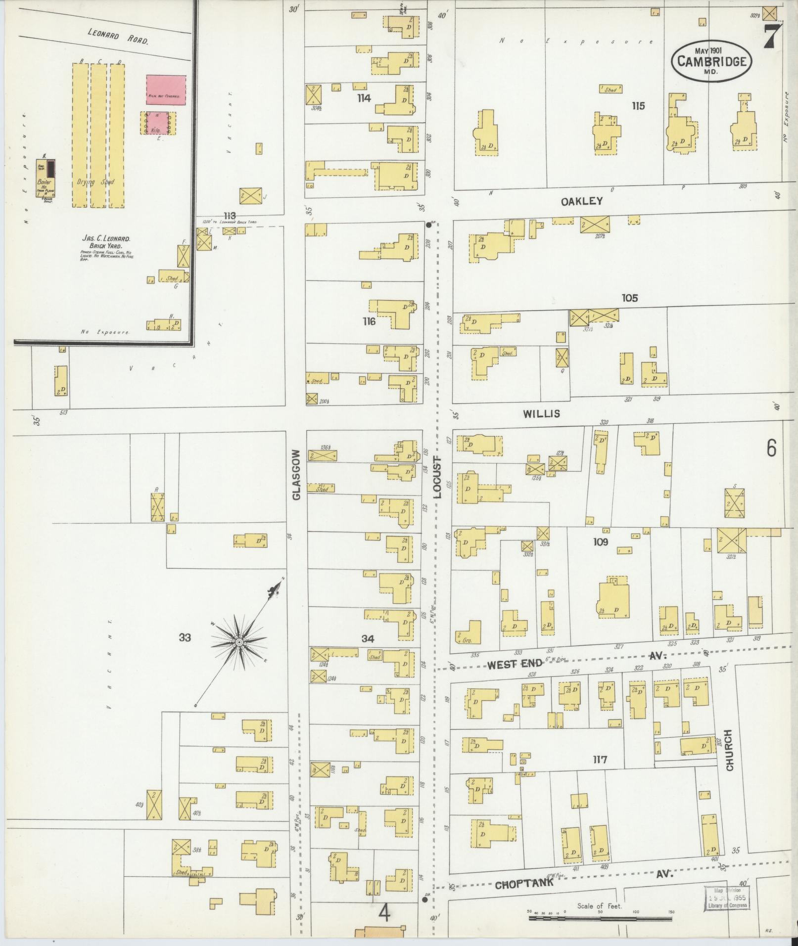 Dorchester, Maryland - 1901 - Sanborn Fire Insurance Map, Sheet #0007 - Historic Sanborn Fire Insurance Map Print, Dorchester Maryland 1901 0007 vintage old map wall art