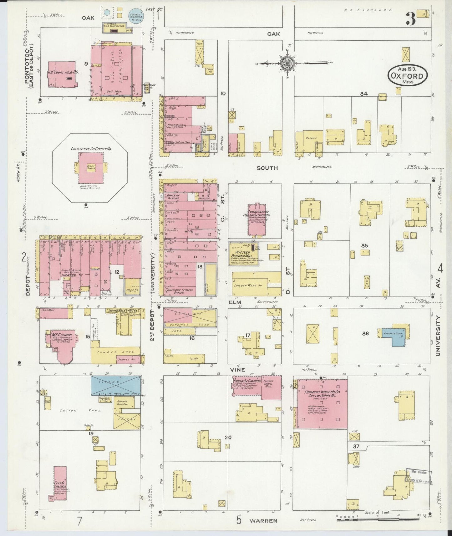 Sanborn Fire Insurance Map from Oxford, Lafayette County, Mississippi (1910), Sheet #0003 - Historic Sanborn Fire Insurance Map Print, vintage old map wall art, antique decor, genealogy gift, Mississippi Mississippi map