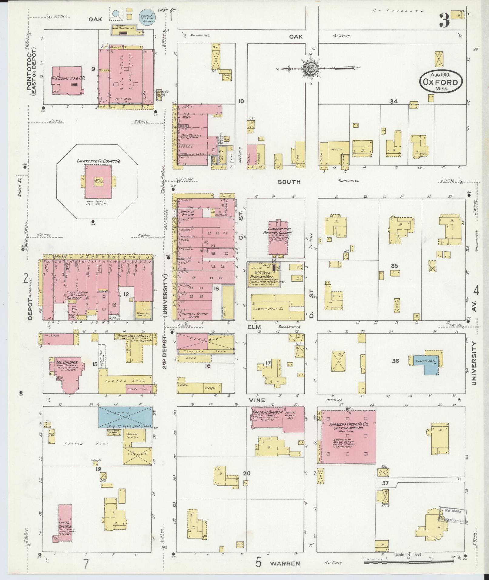Sanborn Fire Insurance Map from Oxford, Lafayette County, Mississippi (1910), Sheet #0003 - Historic Sanborn Fire Insurance Map Print, vintage old map wall art, antique decor, genealogy gift, Mississippi Mississippi map