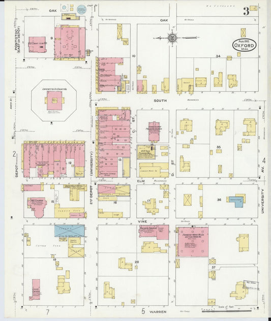 Sanborn Fire Insurance Map from Oxford, Lafayette County, Mississippi (1910), Sheet #0003 - Historic Sanborn Fire Insurance Map Print, vintage old map wall art, antique decor, genealogy gift, Mississippi Mississippi map