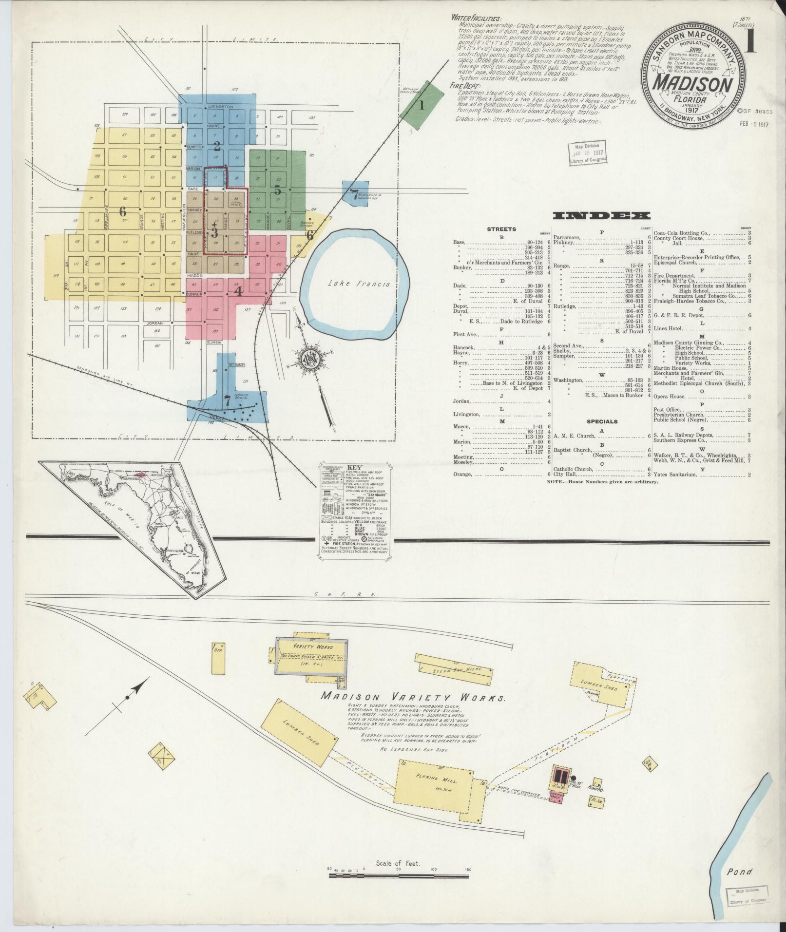 Sanborn Fire Insurance Map from Madison, Madison County, Florida (1917), Sheet #0001 - Historic Sanborn Fire Insurance Map Print, vintage old map wall art, antique decor, genealogy gift, Florida Florida map