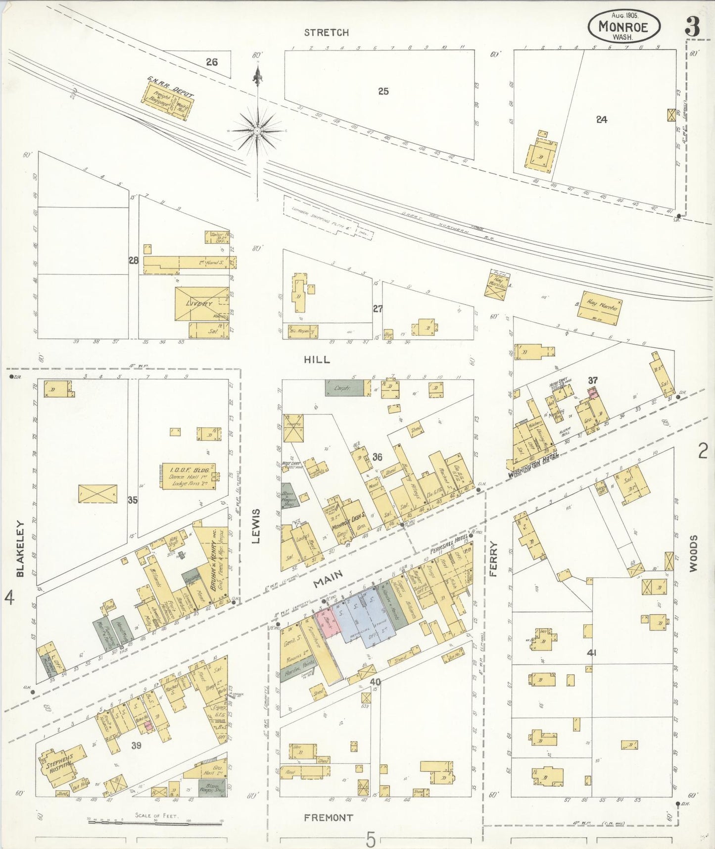 Sanborn Fire Insurance Map from Monroe, Snohomish County, Washington (1905), Sheet #0003 - Historic Sanborn Fire Insurance Map Print, vintage old map wall art, antique decor, genealogy gift, Washington Washington map