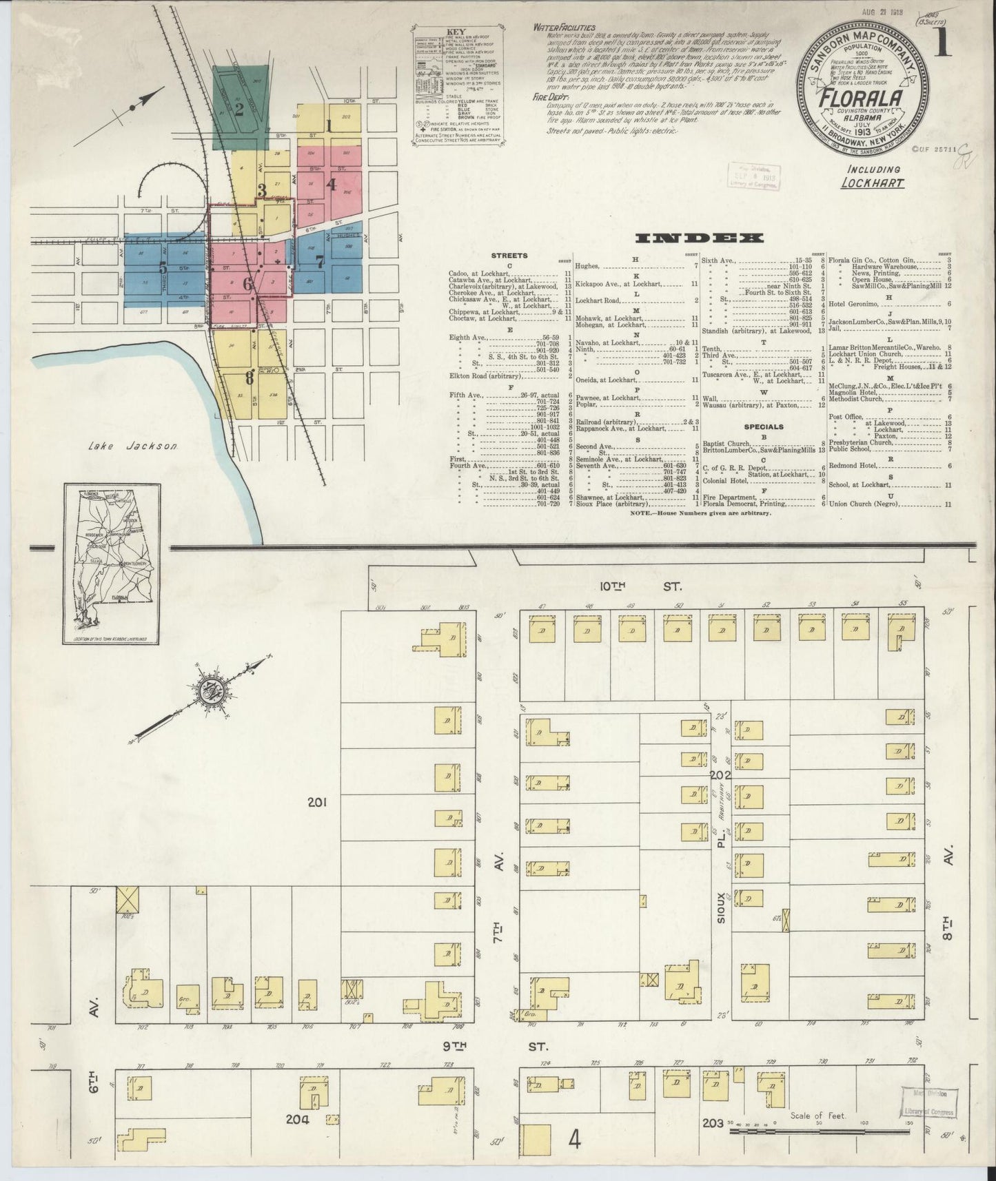 Sanborn Fire Insurance Map from Florala, Covington County, Alabama (1913), Sheet #0001 - Complete Map Set gallery image, historic Sanborn map, vintage wall art, Alabama Alabama
