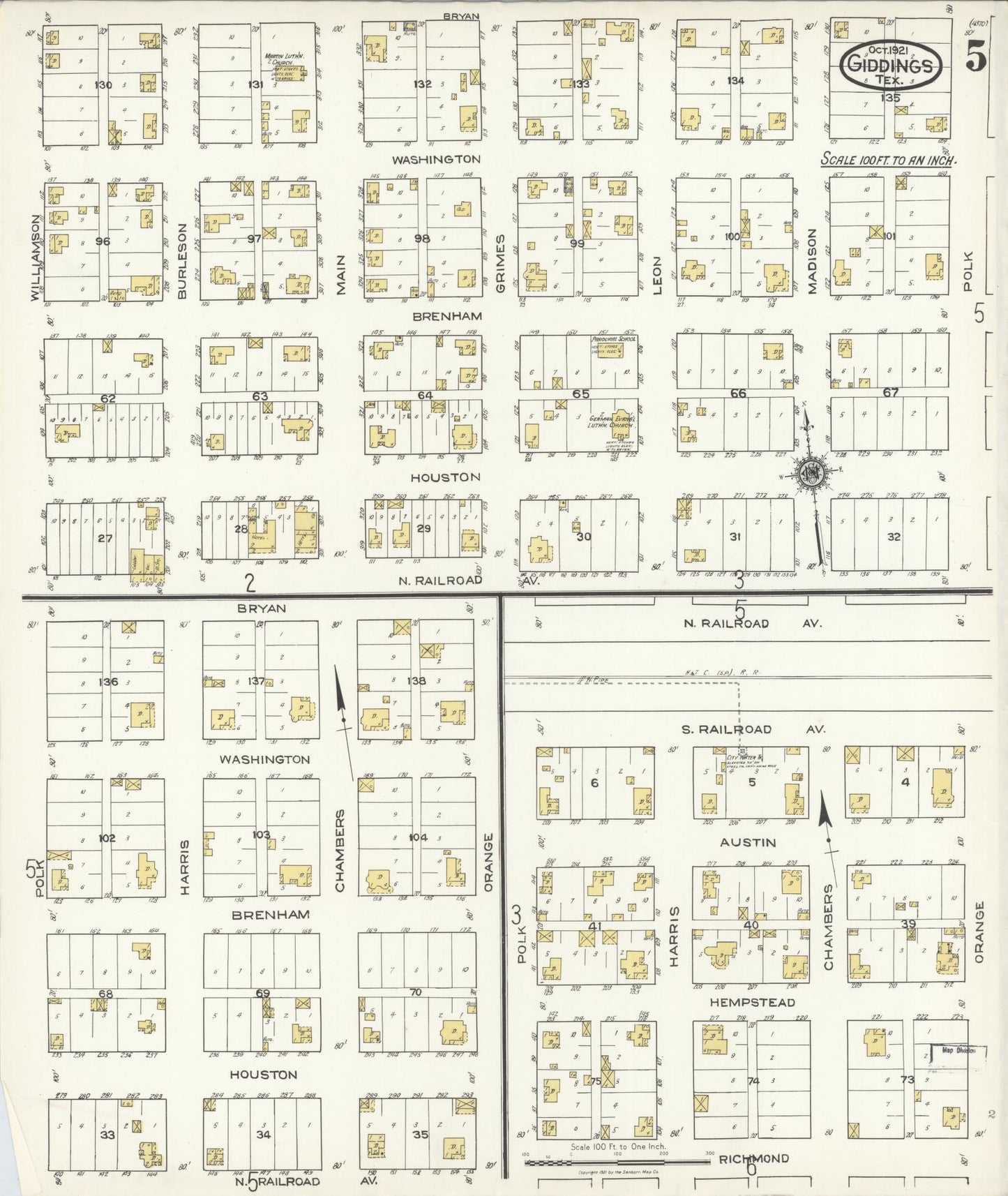 Sanborn Fire Insurance Map from Giddings, Lee County, Texas (1921), Sheet #0005 - Complete Map Set gallery image, historic Sanborn map, vintage wall art, Texas Texas