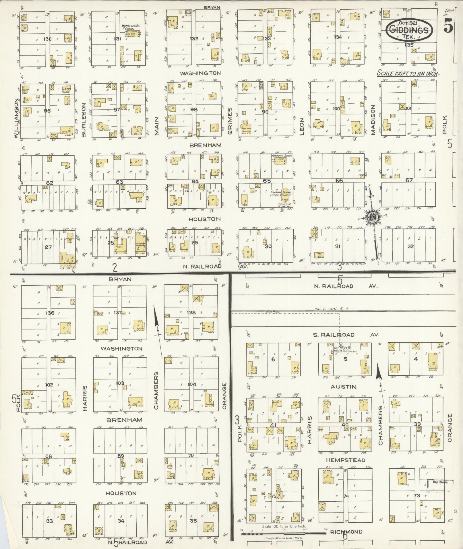 Sanborn Fire Insurance Map from Giddings, Lee County, Texas (1921), Sheet #0005 - Complete Map Set gallery image, historic Sanborn map, vintage wall art, Texas Texas
