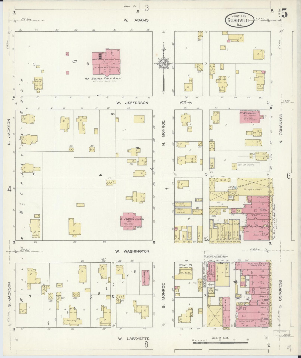 Sanborn Fire Insurance Map from Rushville, Schuyler County, Illinois (1913), Sheet #0005 - Complete Map Set gallery image, historic Sanborn map, vintage wall art, Illinois Illinois