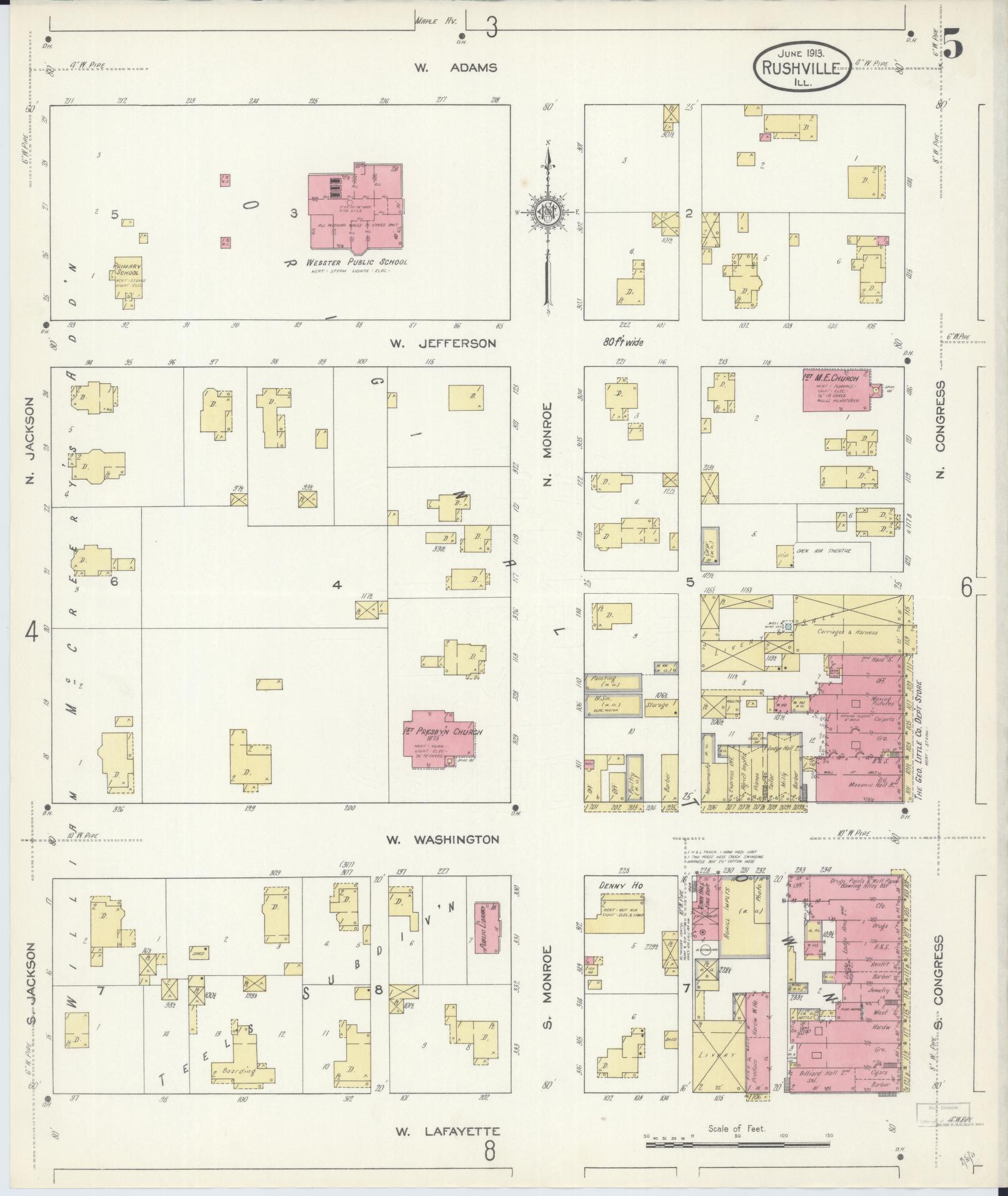 Sanborn Fire Insurance Map from Rushville, Schuyler County, Illinois (1913), Sheet #0005 - Complete Map Set gallery image, historic Sanborn map, vintage wall art, Illinois Illinois