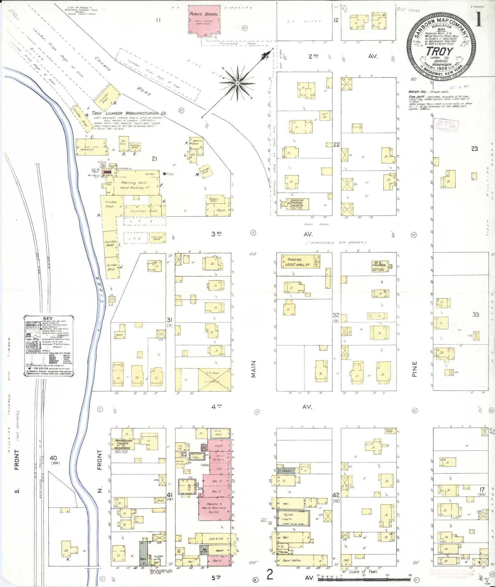 Sanborn Fire Insurance Map from Troy, Latab County, Idaho (1909), Sheet #0001 - Historic Sanborn Fire Insurance Map Print, vintage old map wall art, antique decor, genealogy gift, Idaho Idaho map