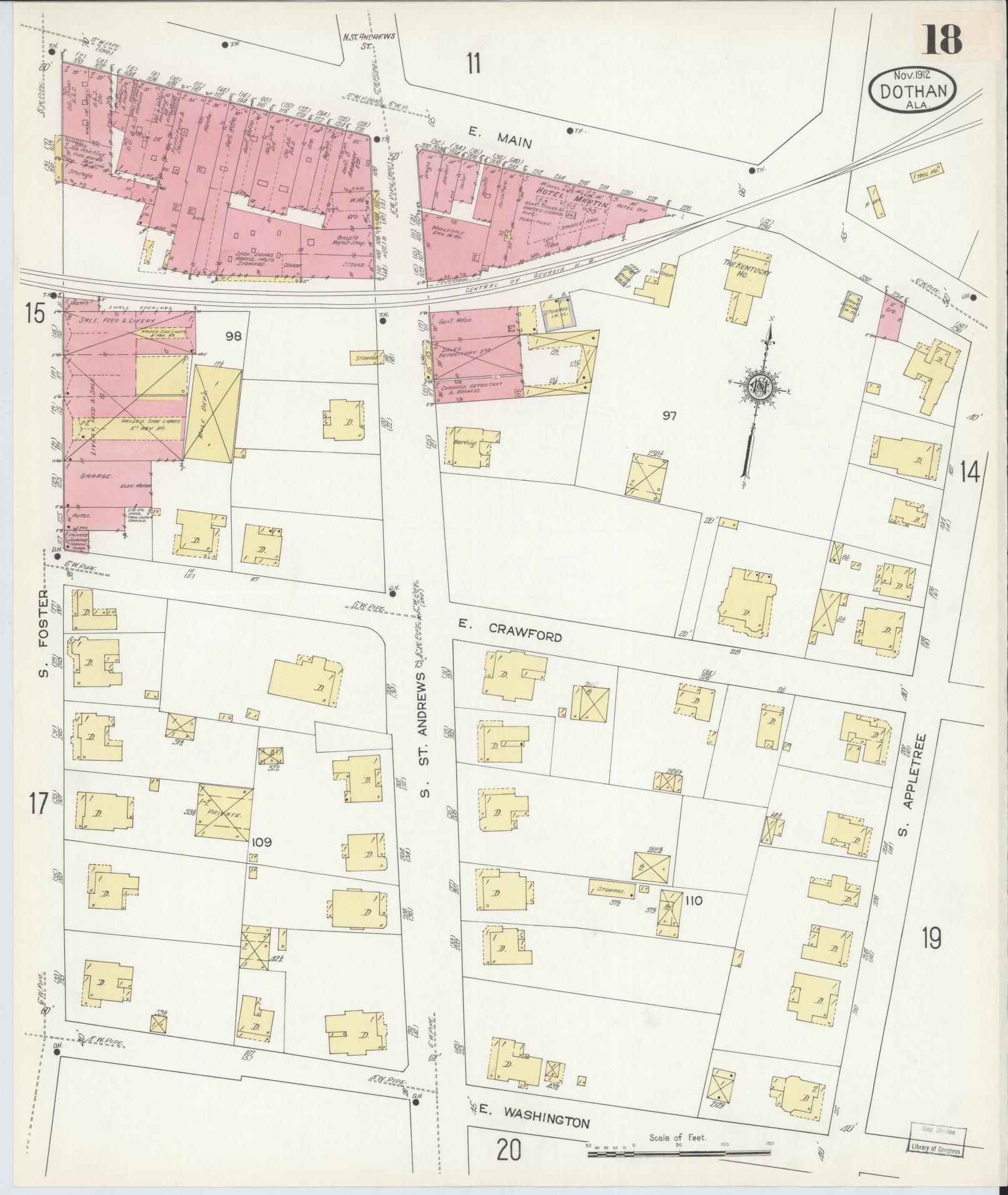 Sanborn Fire Insurance Map from Dothan, Houston County, Alabama (1912), Sheet #0018 - Historic Sanborn Fire Insurance Map Print, vintage old map wall art, antique decor, genealogy gift, Alabama Alabama map