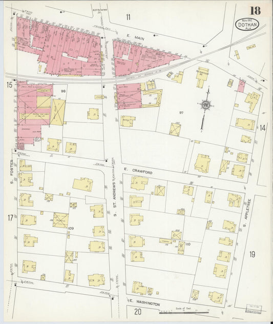 Sanborn Fire Insurance Map from Dothan, Houston County, Alabama (1912), Sheet #0018 - Historic Sanborn Fire Insurance Map Print, vintage old map wall art, antique decor, genealogy gift, Alabama Alabama map