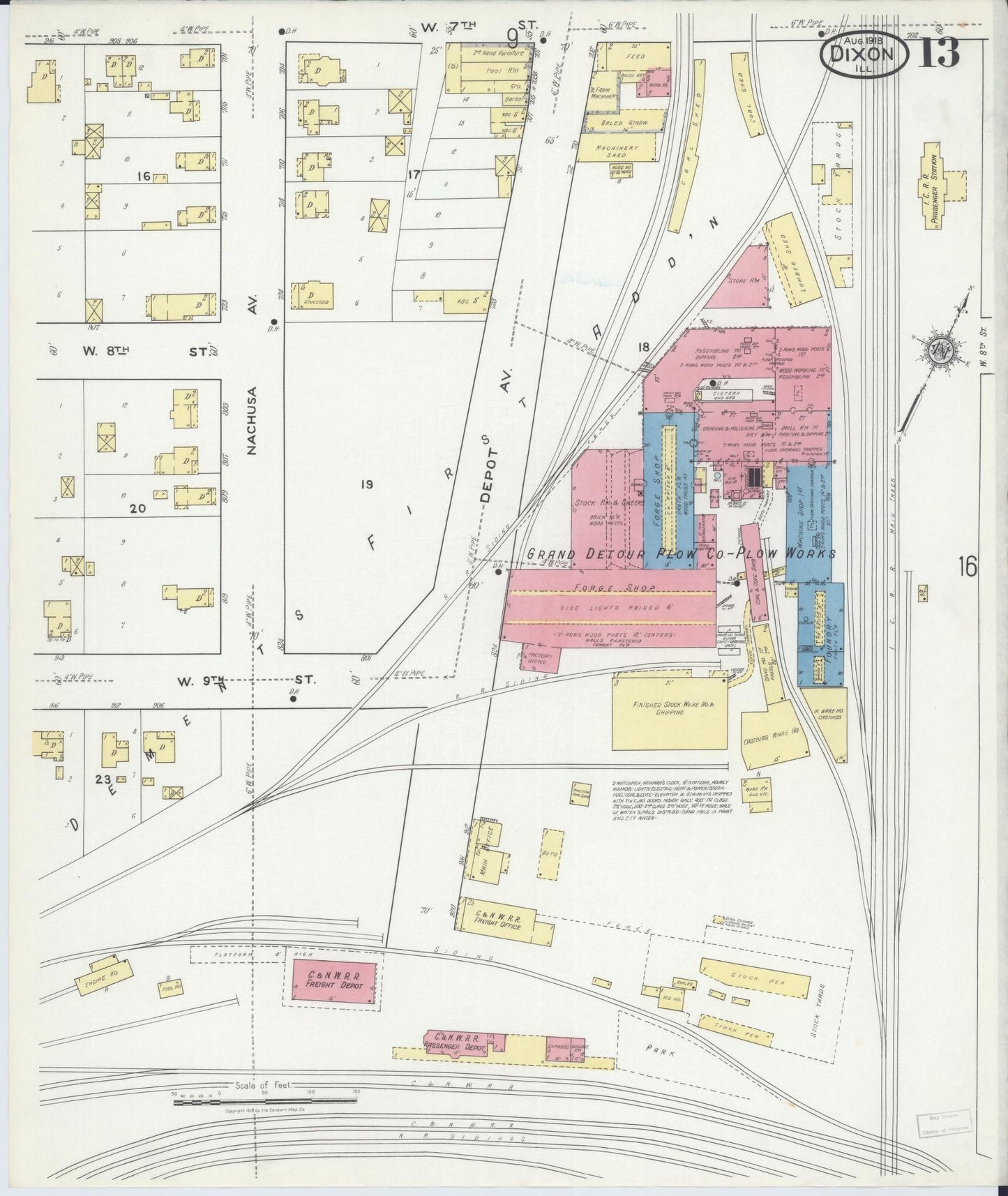Sanborn Fire Insurance Map from Dixon, Lee County, Illinois (1918), Sheet #0013 - Complete Map Set gallery image, historic Sanborn map, vintage wall art, Illinois Illinois