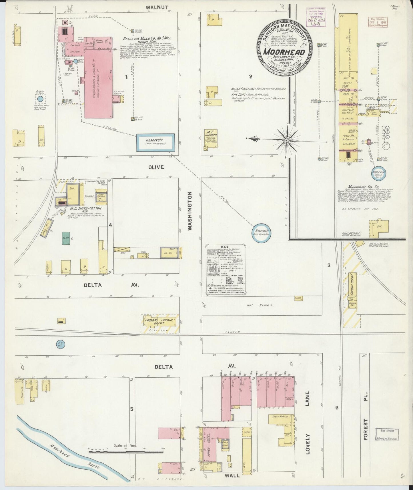 Sanborn Fire Insurance Map from Moorhead, Sunflower County, Mississippi (1907), Sheet #0001 - Historic Sanborn Fire Insurance Map Print, vintage old map wall art, antique decor, genealogy gift, Mississippi Mississippi map