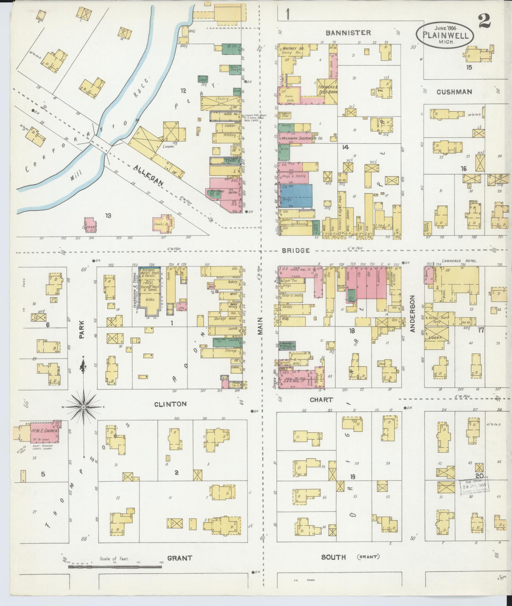 Sanborn Fire Insurance Map from Plainwell, Allegan County, Michigan (1904), Sheet #0002 - Complete Map Set gallery image, historic Sanborn map, vintage wall art, Michigan Michigan
