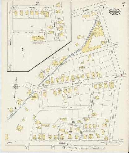 Sanborn Fire Insurance Map from Melrose, Middlesex County, Massachusetts (1915), Sheet #0007 - Historic Sanborn Fire Insurance Map Print, vintage old map wall art, antique decor, genealogy gift, Massachusetts Massachusetts map