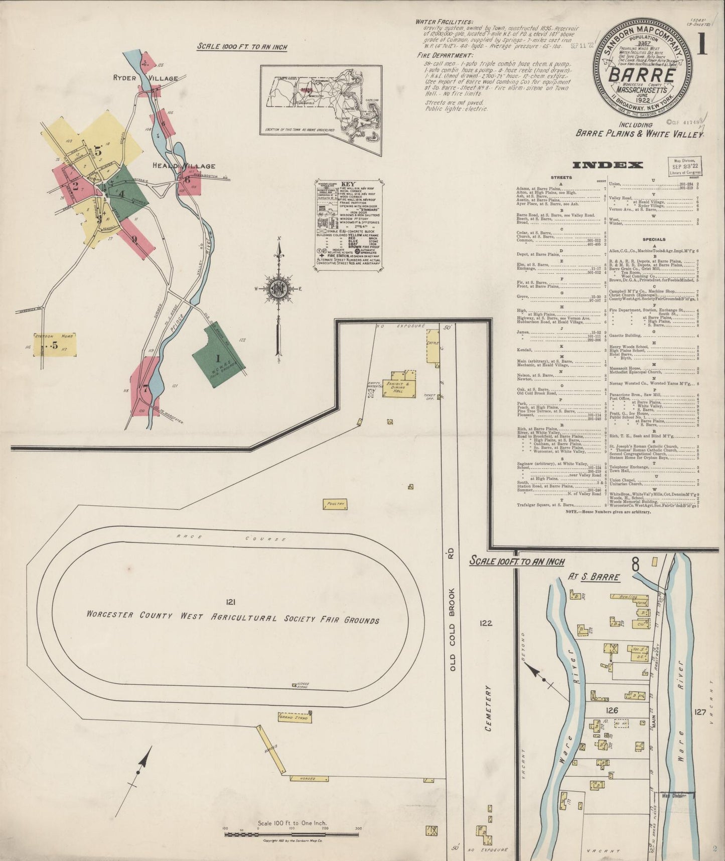 Sanborn Fire Insurance Map from Barre, Worcester County, Massachusetts (1922), Sheet #0001 - Complete Map Set gallery image, historic Sanborn map, vintage wall art, Massachusetts Massachusetts