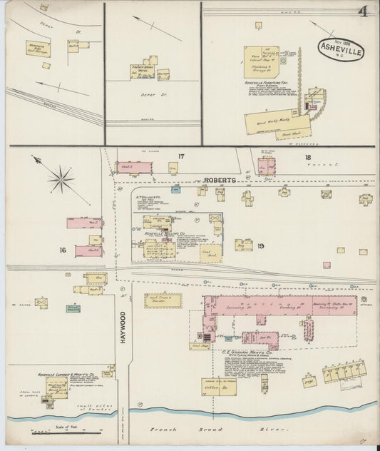 Sanborn Fire Insurance Map from Asheville, Buncombe County, North Carolina (1888), Sheet #0004 - Historic Sanborn Fire Insurance Map Print, vintage old map wall art, antique decor, genealogy gift, North Carolina North Carolina map