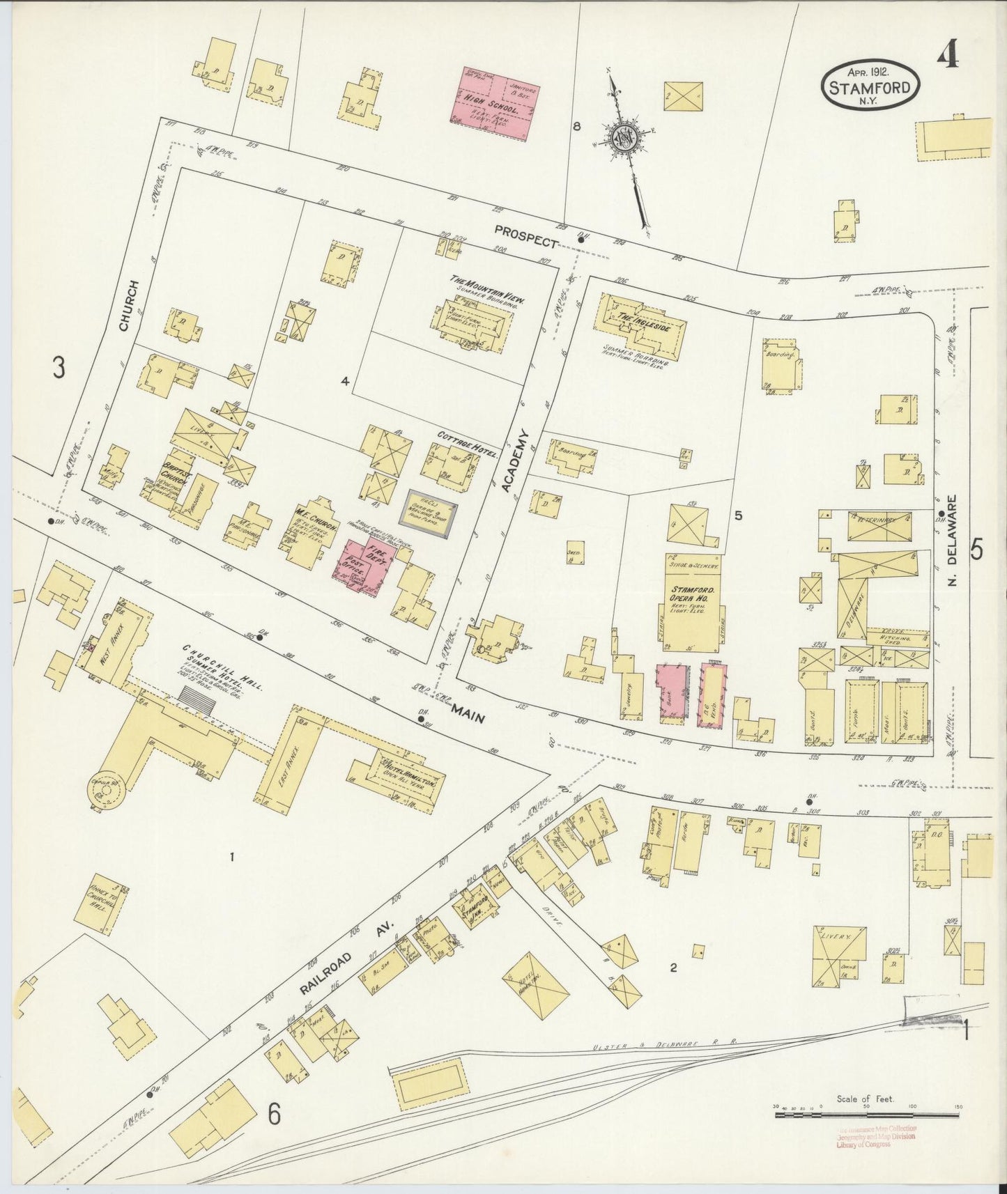 Sanborn Fire Insurance Map from Stamford, Delaware County, New York (1912), Sheet #0004 - Historic Sanborn Fire Insurance Map Print, vintage old map wall art, antique decor, genealogy gift, Stamford Delaware map
