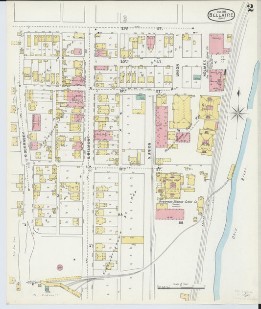 Sanborn Fire Insurance Map from Bellaire, Belmont County, Ohio (1895), Sheet #0002 - Historic Sanborn Fire Insurance Map Print, vintage old map wall art, antique decor, genealogy gift, Ohio Ohio map