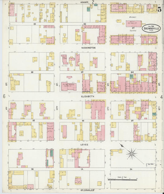 Sanborn Fire Insurance Map from Brownsville, Cameron County, Texas (1906), Sheet #0005 - Historic Sanborn Fire Insurance Map Print, vintage old map wall art, antique decor, genealogy gift, Texas Texas map