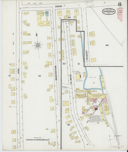 Sanborn Fire Insurance Map from Gardner, Worcester County, Massachusetts (1889), Sheet #0008 - Historic Sanborn Fire Insurance Map Print, vintage old map wall art, antique decor, genealogy gift, Massachusetts Massachusetts map