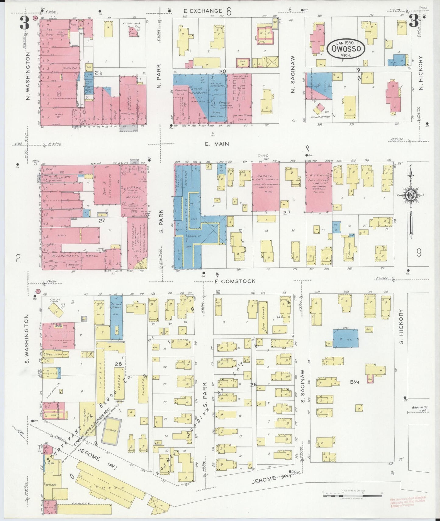 Sanborn Fire Insurance Map from Owosso, Shiawassee County, Michigan (1930), Sheet #0003 - Complete Map Set gallery image, historic Sanborn map, vintage wall art, Michigan Michigan