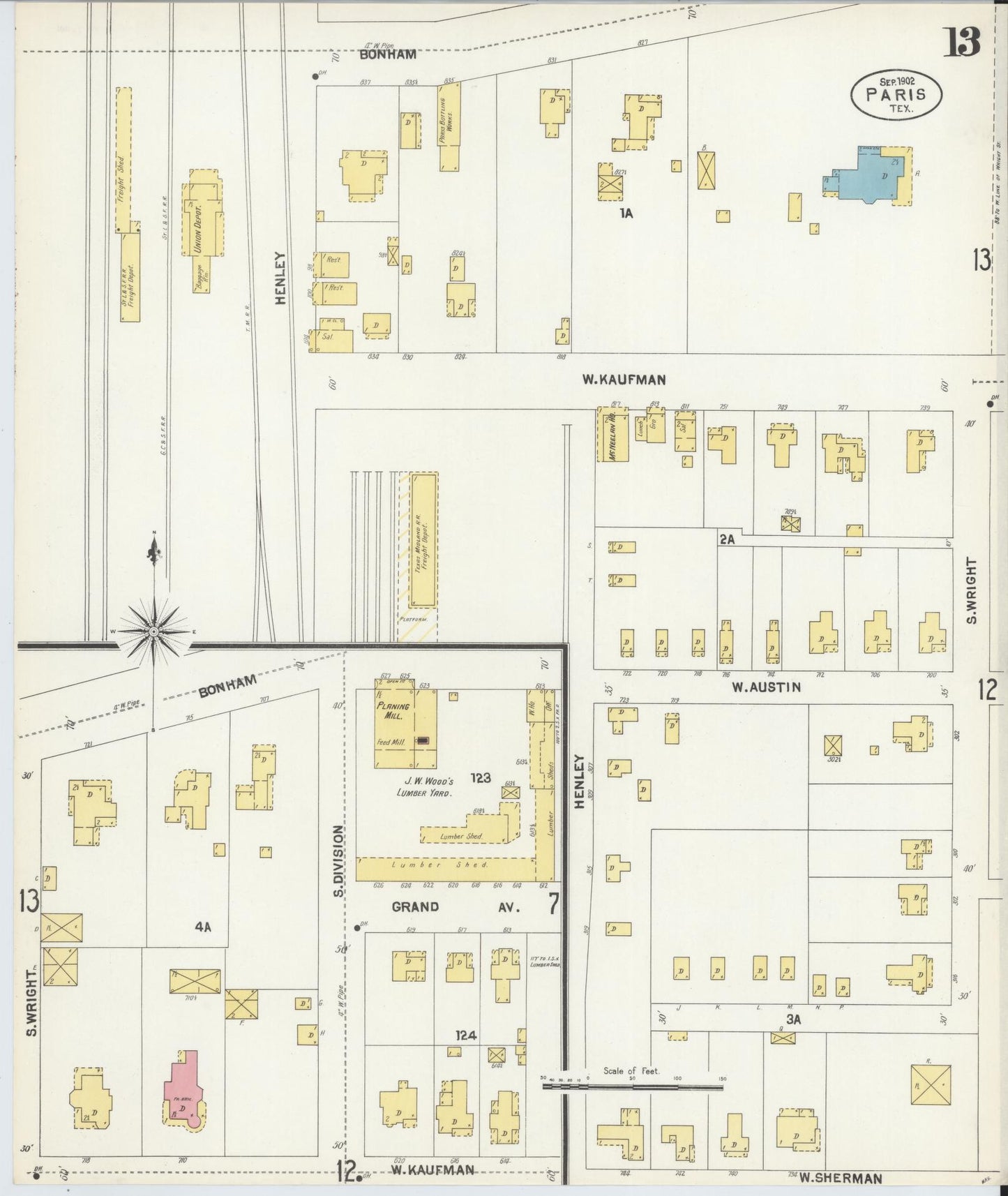 Sanborn Fire Insurance Map from Paris, Lamar County, Texas (1902), Sheet #0013 - Historic Sanborn Fire Insurance Map Print, vintage old map wall art, antique decor, genealogy gift, Texas Texas map