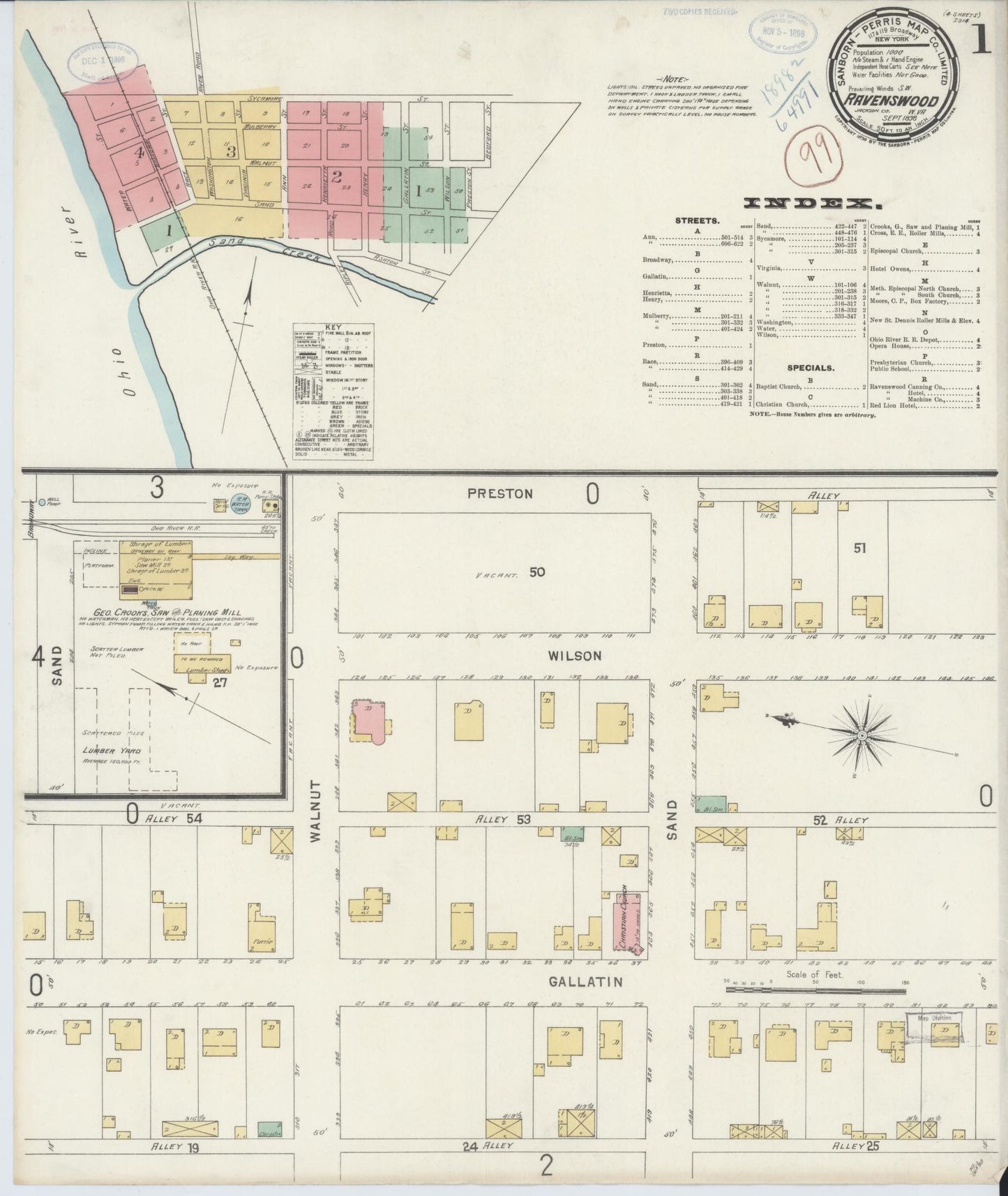 Sanborn Fire Insurance Map from Ravenswood, Jackson County, West Virginia (1898), Sheet #0001 - Complete Map Set gallery image, historic Sanborn map, vintage wall art, West Virginia West Virginia