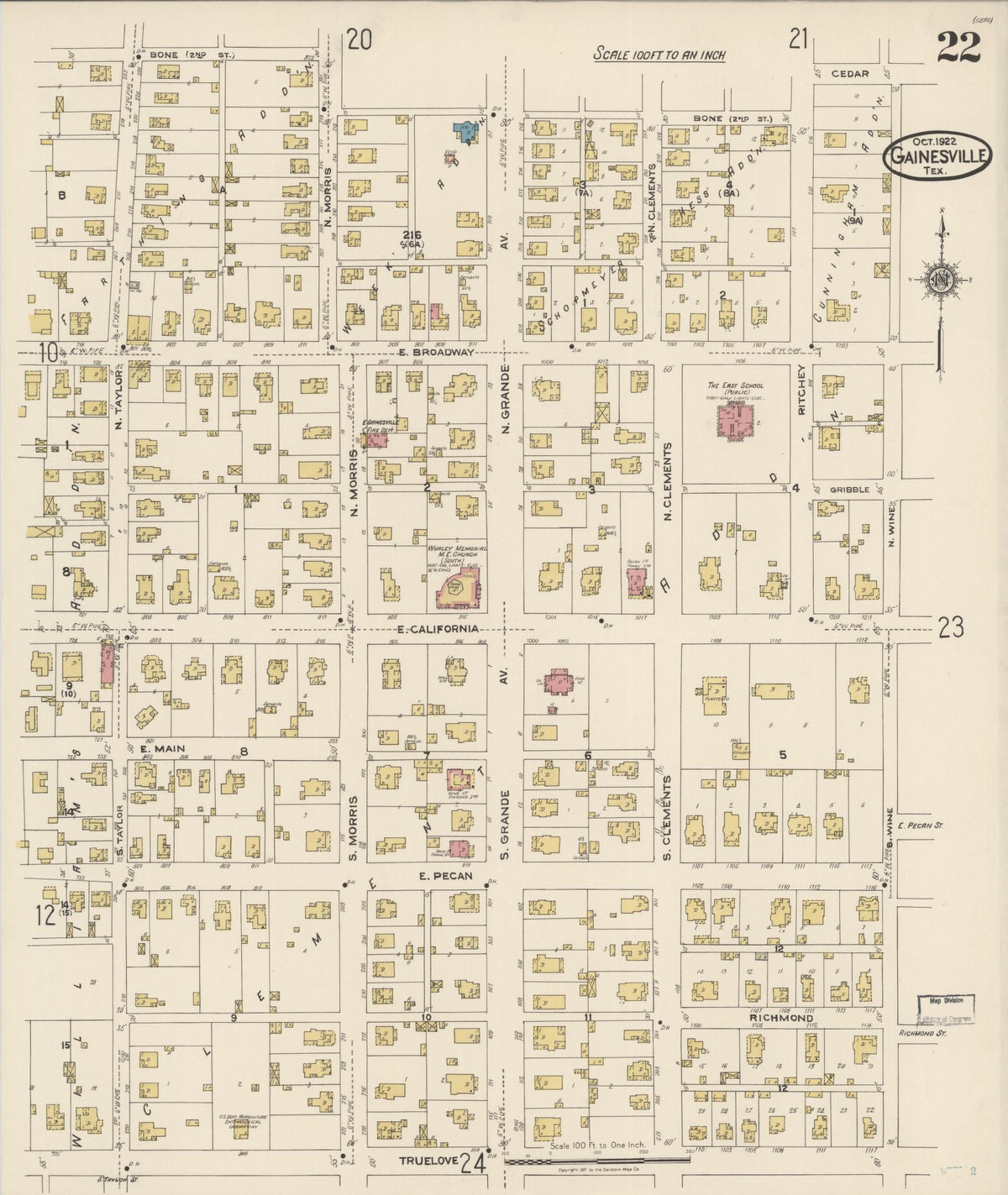 Sanborn Fire Insurance Map from Gainesville, Cooke County, Texas (1922), Sheet #0022 - Complete Map Set gallery image, historic Sanborn map, vintage wall art, Texas Texas